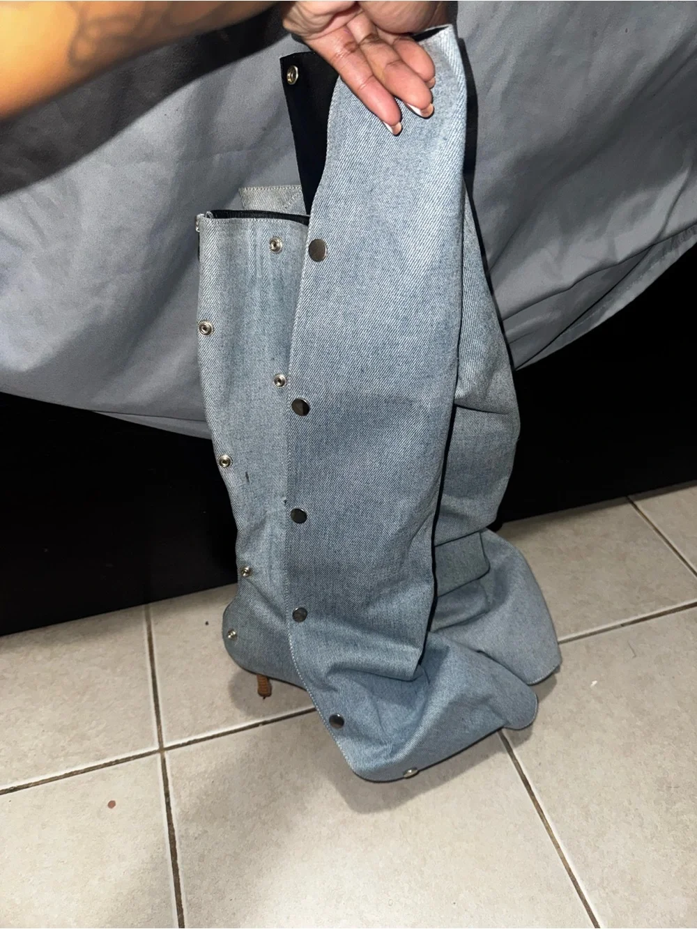 Light Blue Denim Stiletto Knee-High Boots